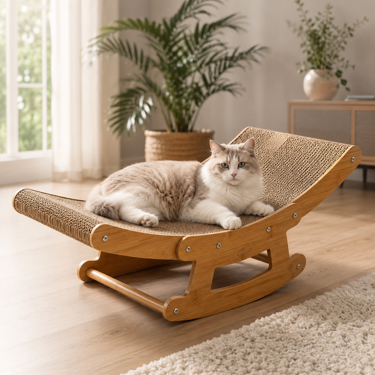 Ragdoll cat resting on the Kraftpaw bamboo and cardboard rocking cat scratcher lounger in a sunlit living room