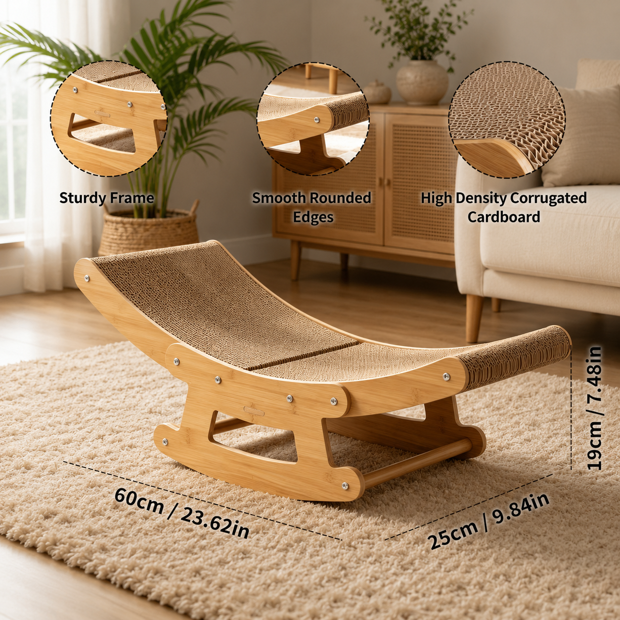 Cat sitting upright on the Kraftpaw lounger, with an inset showing a cat clawing a couch arm