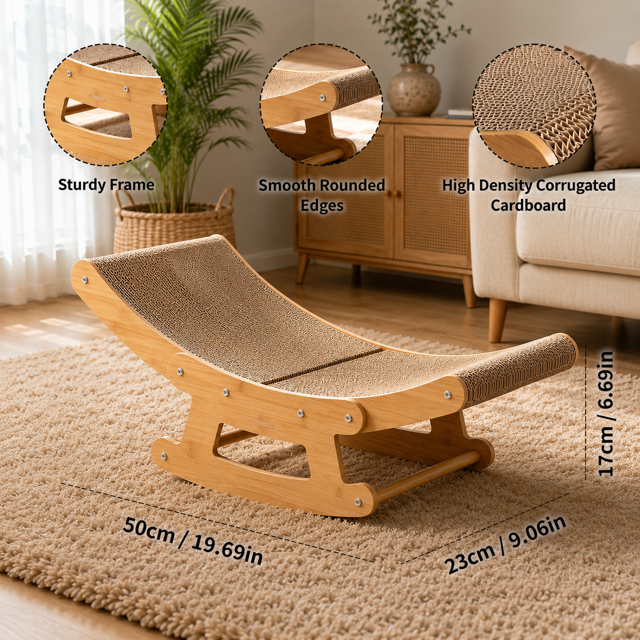 Cat scratcher lounger with curved corrugated cardboard surface and solid bamboo rocking frame beside a sofa