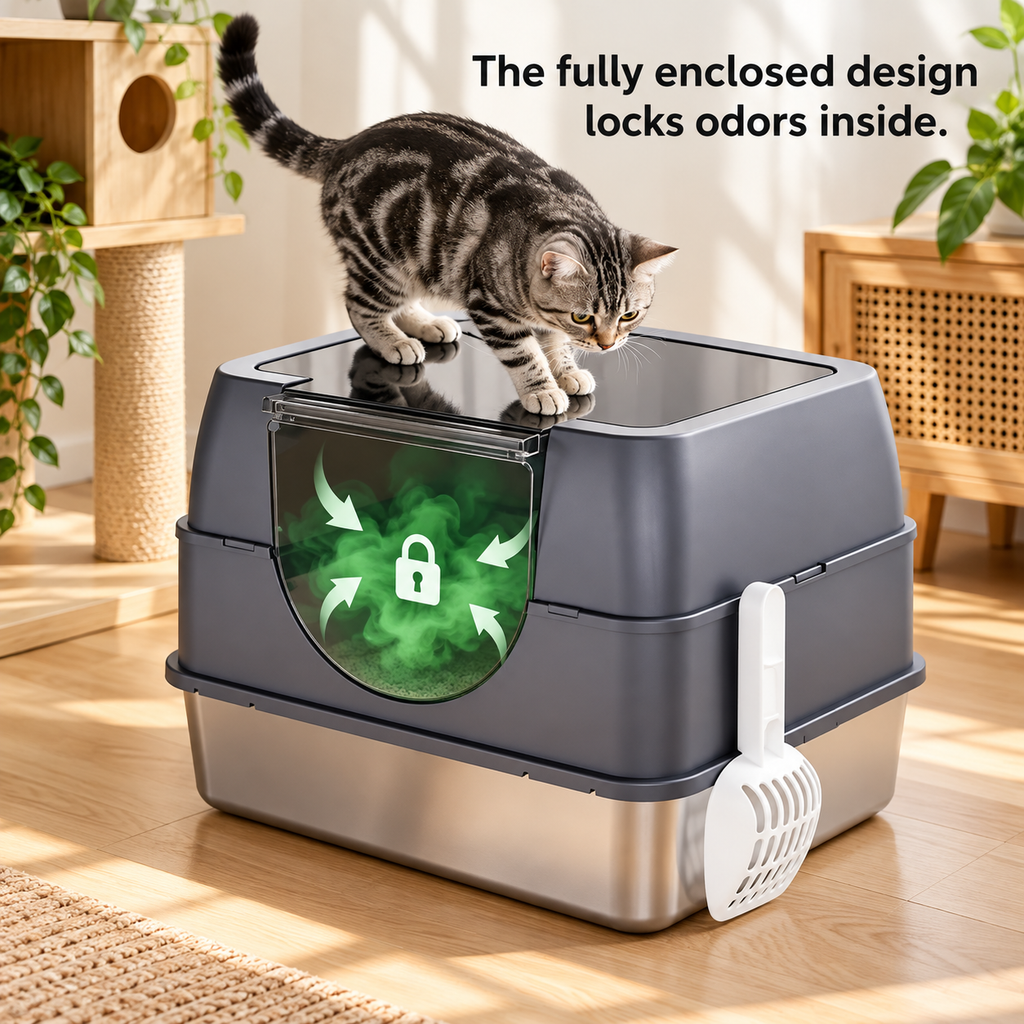 Kraftpaw enclosed stainless steel cat litter box, view 3