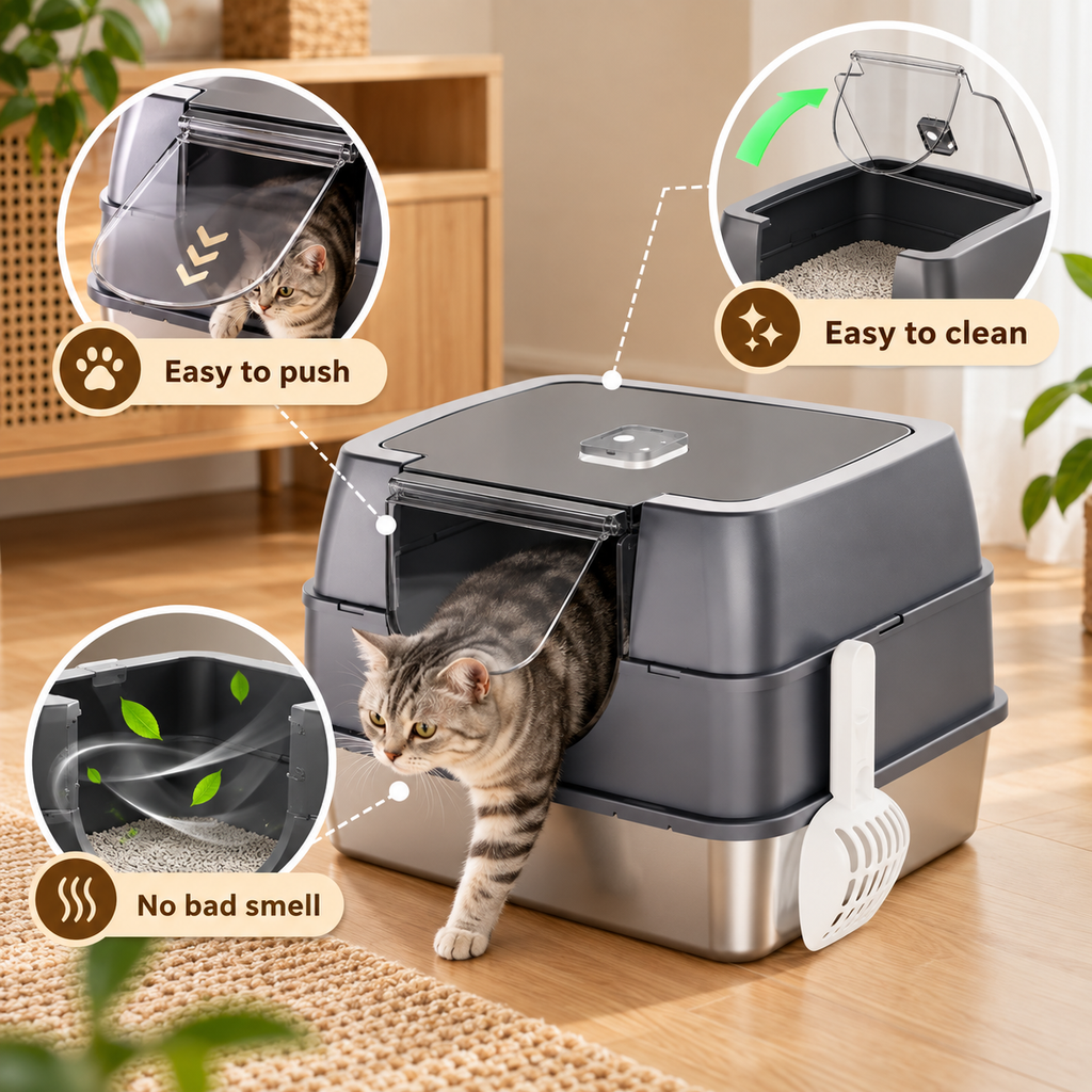Kraftpaw enclosed stainless steel cat litter box, view 2