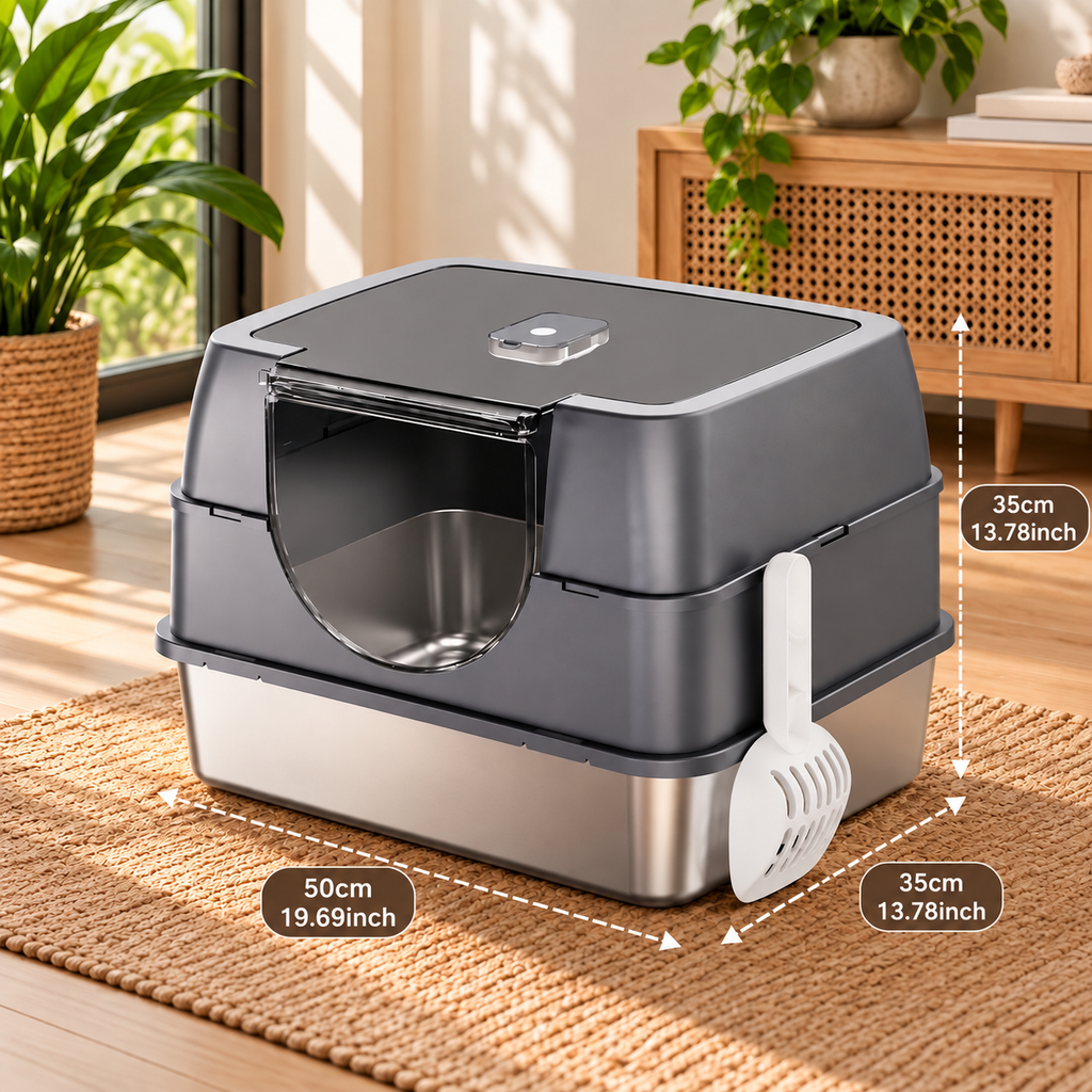 Kraftpaw enclosed stainless steel cat litter box with its dimensions: 19.7 × 13.8 × 13.8 in (50 × 35 × 35 cm)